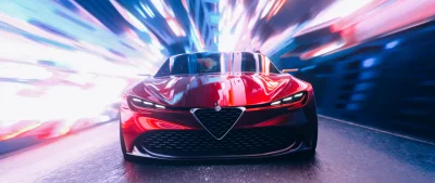Dynamic Red Sports Car Speeding Through Futuristic Neon-Lit Tunnel at Night image