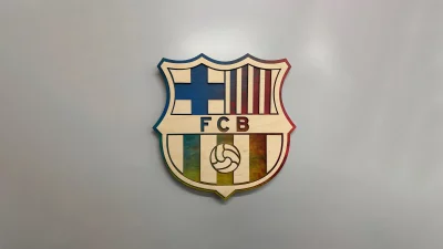 Handcrafted Wooden FC Barcelona Crest Plaque Displayed on a Light Grey Wall image