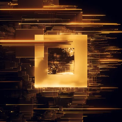 Abstract Golden Digital Processor with Luminous Data Streams on Dark Background image