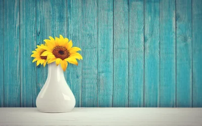 Vibrant Sunflowers in Elegant White Vase on Rustic Blue Wooden Background image