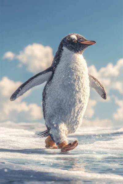 Adorable Gentoo Penguin Walking Confidently on Glistening Snowy Ice Under Blue Sky image