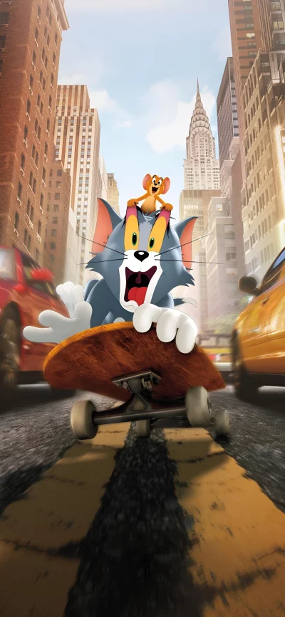 Tom and Jerry Skateboarding Through a Busy City Street