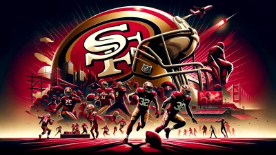 Dynamic San Francisco 49ers Football Artwork with Iconic Helmet and Cityscape image