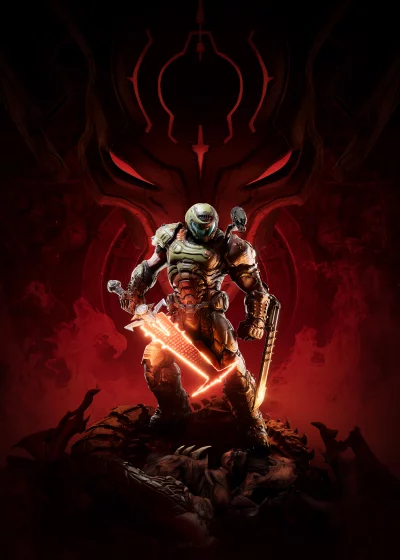 Doom Slayer Armored Warrior with Blazing Sword Amidst Demonic Hellscape Background image