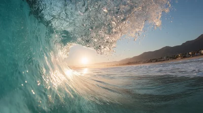 Inside a Barrel Wave at Sunset with Coastal Town and Mountains