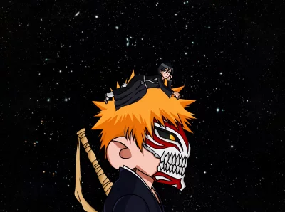 Bleach Anime Ichigo Kurosaki Half-Hollow Mask with Rukia Kuchiki on his Head Against Starry Sky image