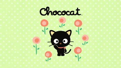 Cute Chococat Black Cat Character with Pink Flowers on Cheerful Green Polka Dot Background image