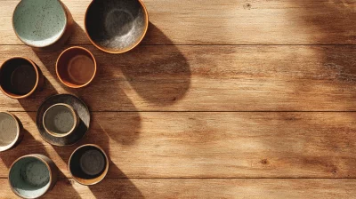 Overhead View of Artisan Ceramic Bowls and Plates on Rustic Wooden Table with Sunlight Shadows for Copy Space