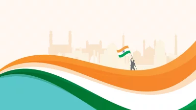Patriotic Indian Man Waving Flag with Monuments Cinematic Wallpaper Background image