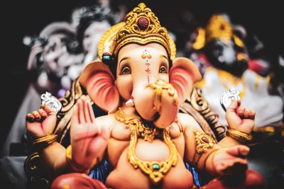 Close-up of Beautifully Adorned Ganesha Idol for Hindu Festival Celebration image