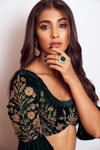 Pooja Hegde Posing Elegantly in Green Embroidered Ethnic Wear Traditional Indian Fashion Stunning Celebrity Photo image