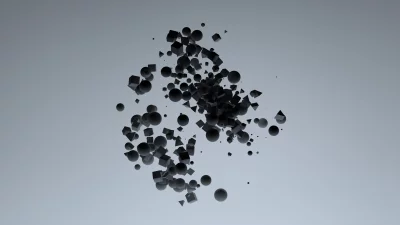 Abstract 3D Geometric Shapes Floating and Dispersing on Light Grey Background image