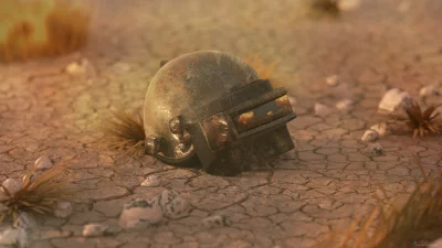 Gritty Military Helmet Reflecting Explosions on Cracked Desert Ground image