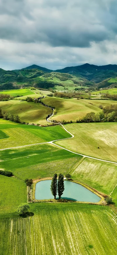 Scenic winding road through lush green rolling hills and countryside