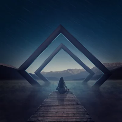 Woman Meditating on Dock at Night Overlooking Mountains with Star Trails and Geometric Frames image