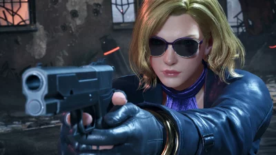 Intense Blonde Female Character with Sunglasses Aiming Pistol in Dark Urban Scene image