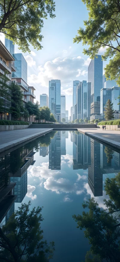 Modern Cityscape Reflection in Reflecting Pool with Lush Trees and Blue Sky