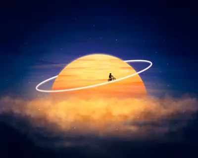 Dreamy Cyclist on Bicycle Around Glowing Orange Ringed Planet image