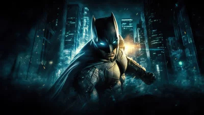 Dynamic Batman Superhero with Glowing Blue Eyes Over Dark Cyberpunk Cityscape image