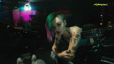Cyberpunk 2077 Judy Alvarez Portrait with Neon Hair and Tattoos in Bar image