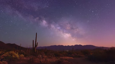 Vibrant Milky Way Galaxy Illuminating Desert Landscape with Saguaro Cacti at Night