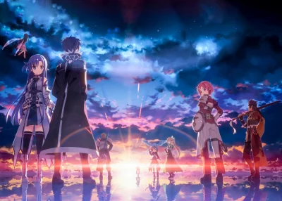 Anime Heroes Gather Under Epic Sunset Sky Reflected on Tranquil Water Digital Art image