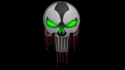 Dark Skull Logo with Glowing Green Eyes and Blood Drips Cinematic Wallpaper image