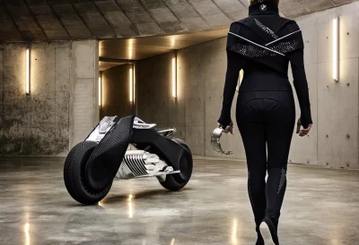 Futuristic BMW Motorrad Concept Motorcycle and Rider in Sci-Fi Industrial Setting image