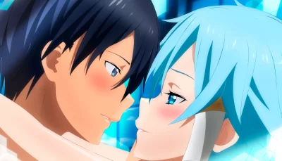 Anime Couple's Tender Moment: Blushing Faces in Close-up Embrace, Expressing Deep Affection image