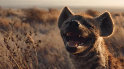 Joyful Spotted Hyena Laughing with Open Mouth in Golden African Savanna Sunlight