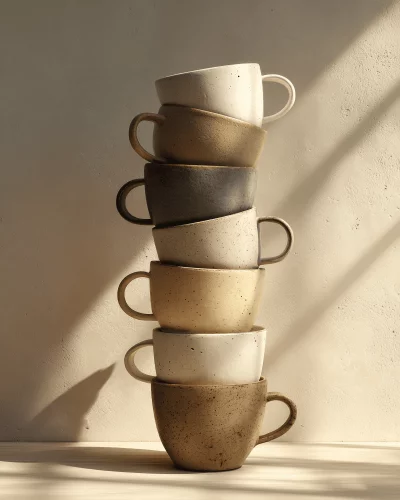 Stacked Rustic Ceramic Coffee Mugs with Warm Sunlight and Textured Shadows