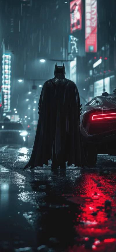 Batman Standing in Rainy City Street Beside Batmobile