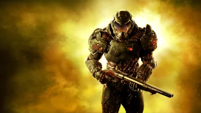 Powerful Armored Sci-Fi Soldier with Shotgun in Fiery Battle image