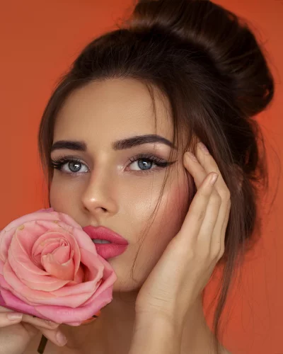 The photo is a portrait of a young woman with long, dark hair and blue eyes