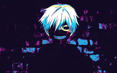 Pop Art Anime Character with White Hair and Mask on Dark Glitch Background image
