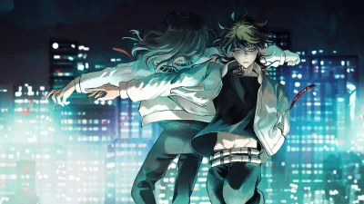 Dynamic Anime Duo in Stylish Jackets Against Neon Cityscape at Night image