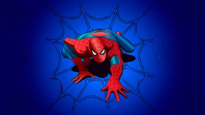 Spider-Man in Signature Suit, Poised for Action on Webbed Blue Background image
