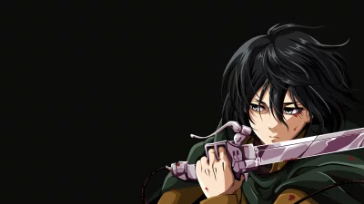 Fierce Mikasa Ackerman from Attack on Titan with Blood-Stained Sword on Dark Background image