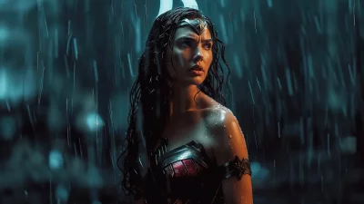 Intense Woman Warrior in Dramatic Rain with Armored Attire image