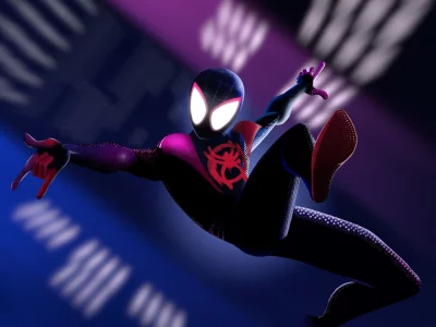 Dynamic Miles Morales Spider-Man in Action: Urban Night Leap with Neon Glow image
