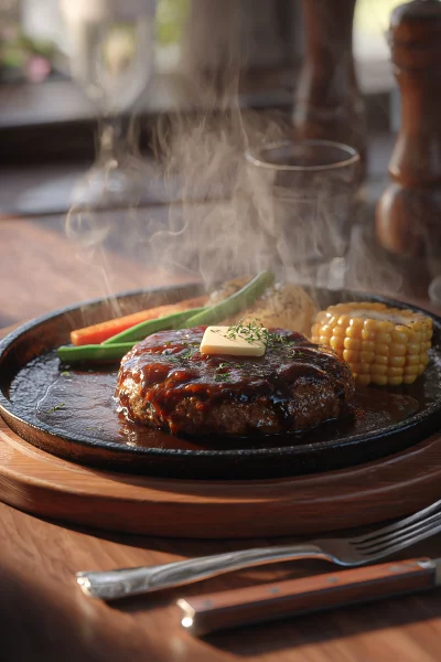 Sizzling Gourmet Hamburger Steak with Vegetables and Melting Butter on Hot Plate