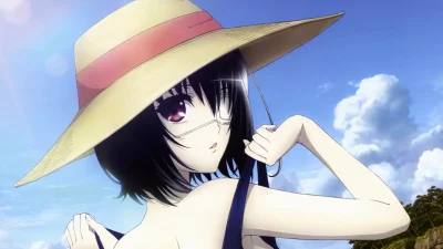 Mysterious Anime Girl with Eyepatch and Straw Hat on a Sunny Summer Day image