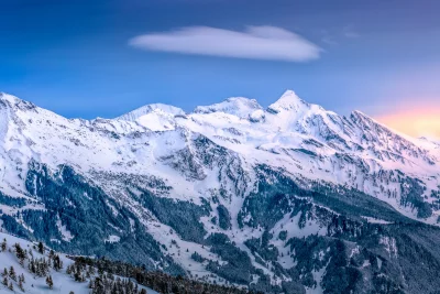Majestic Snowy Alpine Mountain Landscape at Golden Sunset Cinematic Wallpaper image