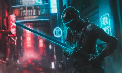 Cyberpunk Ninja Warrior Holding Glowing Katana in Neon Cityscape image