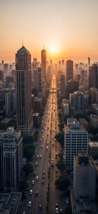 Aerial view of a bustling city street at sunset