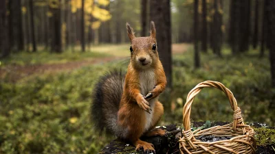 Charming Red Squirrel with Sunflower Seeds and Wicker Basket in Autumn Forest image