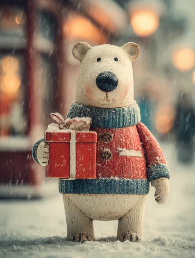 Charming Polar Bear Figurine in Sweater Holding Christmas Gift in Snowy Winter Scene