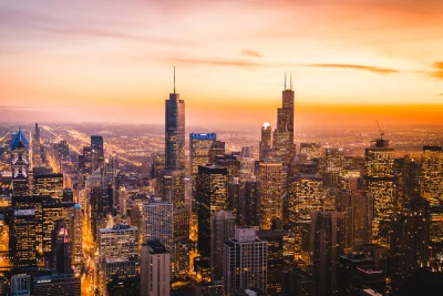 Vibrant Chicago City Skyline at Golden Sunset, Urban Skyscraper Panorama image