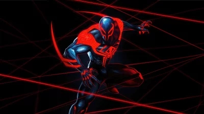 Dynamic Spider-Man 2099 in Futuristic Suit Amidst Glowing Red Digital Web on Black Background image