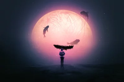 Surreal Hiker Gazing at Celestial Pink Moon with Flying Fish image